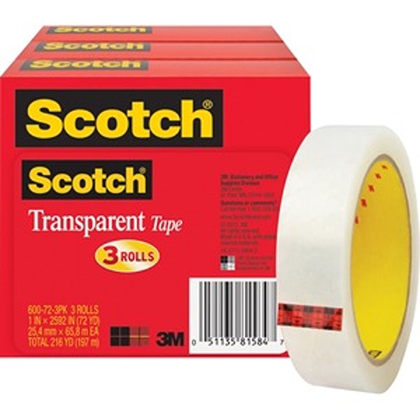 1 in. x 2592 Yards Transparent Tape Roll, Pack of 3