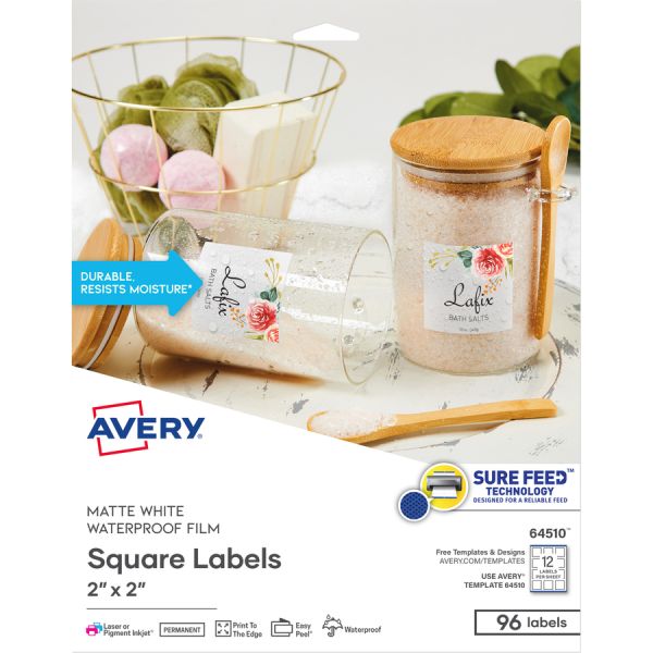 Avery® Durable Waterproof Labels, 2" X 2" Square, 96 Total
