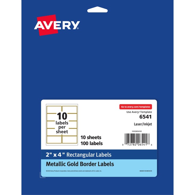 Avery® Labels With Metallic Gold Borders, 2" X 4" , 100 (6541)