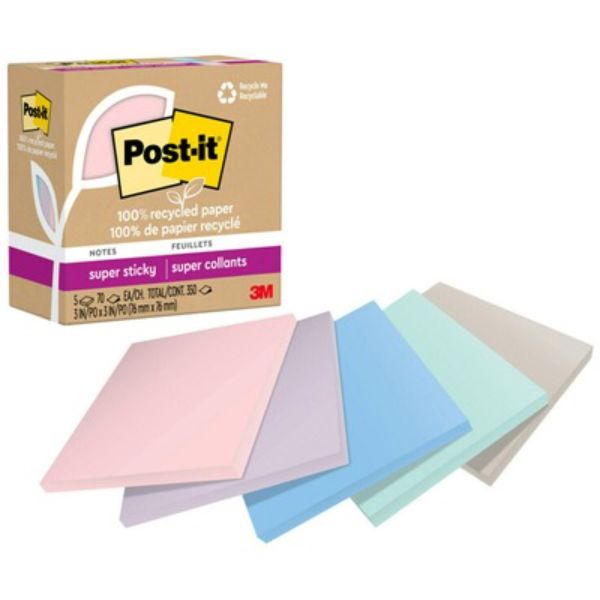 MMM654R5SSNRP 3 x 3 in. Post-it Recycled Super Sticky Notes, Wanderlust Pastels - Pack of 5