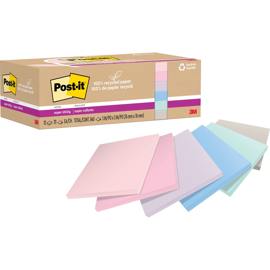MMM654R12SSNRP 3 x 3 in. Post-it Recycled Super Sticky Notes, Wanderlust Pastels - Pack of 12