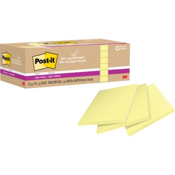 MMM654R12SSCY 3 x 3 in. Post-it Recycled Super Sticky Notes, Canary Yellow - Pack of 12