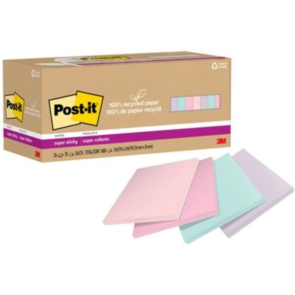 MMM654R24SSNRP 3 x 3 in. Post-it Recycled Super Sticky Notes, Wanderlust Pastels - Pack of 24