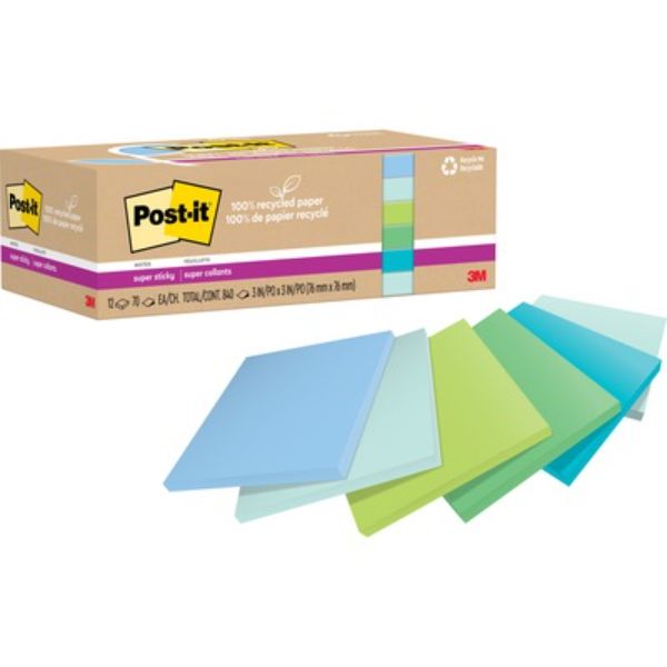MMM654R12SST 3 x 3 in. Post-it Recycled Super Sticky Notes, Assorted Oasis - Pack of 12