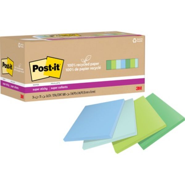 MMM654R24SSTCP 3 x 3 in. Post-it Recycled Super Sticky Notes, Assorted Oasis - Pack of 24