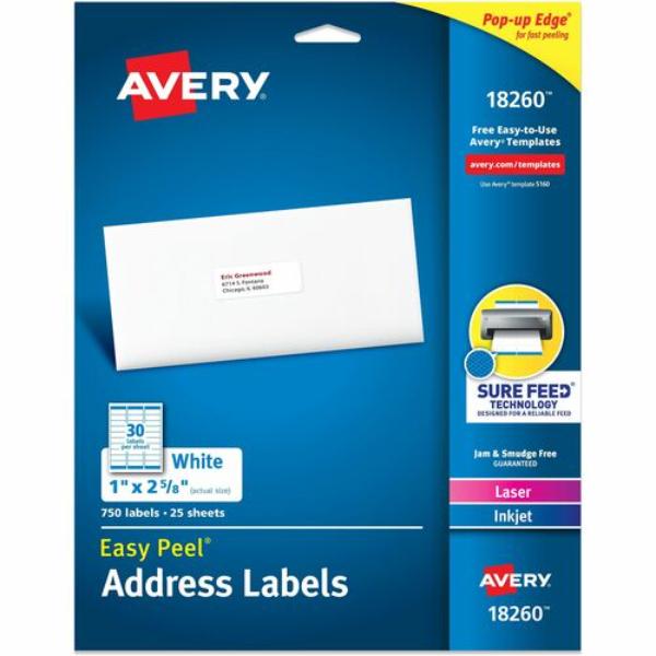 AVE18260 Peal Sure Feed Address Label, White - 30 per Sheet