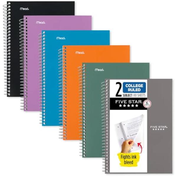 MEA840029A 8.5 x 6 in. Spiral Notebooks for 2 Subject, College Ruled Paper - Assorted - Pack of 6