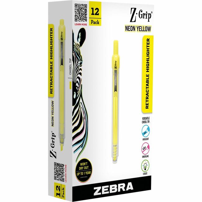 ZEB71250 Z-Grip Retractable Highlighter, Neon Yellow - Pack of 12