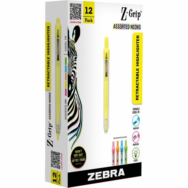 ZEB71200 Z-Grip Retractable Highlighter, Assorted Neon - Pack of 12