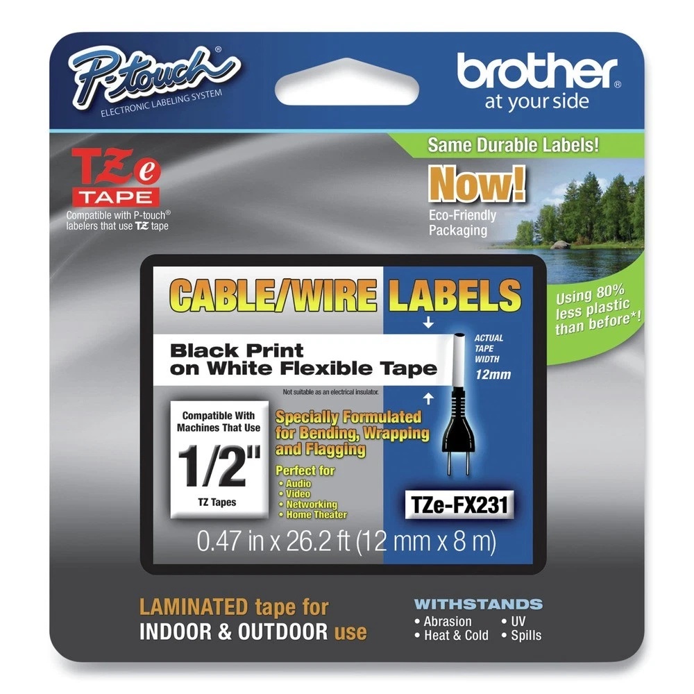 BRTTZEFX231G 0.47 in. x 26.2 ft. P-Touch Flexible ID Tape - Black & White