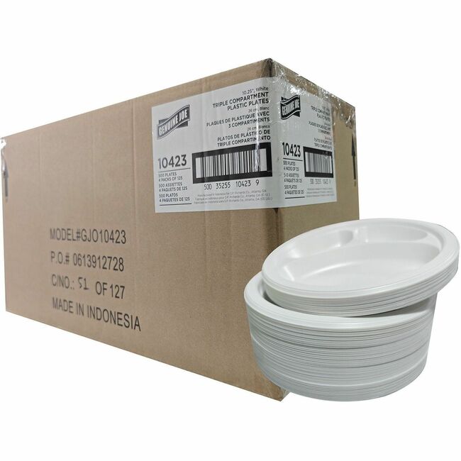 GJO10423 3-Compartment Plastic Plates - White - Pack of 4