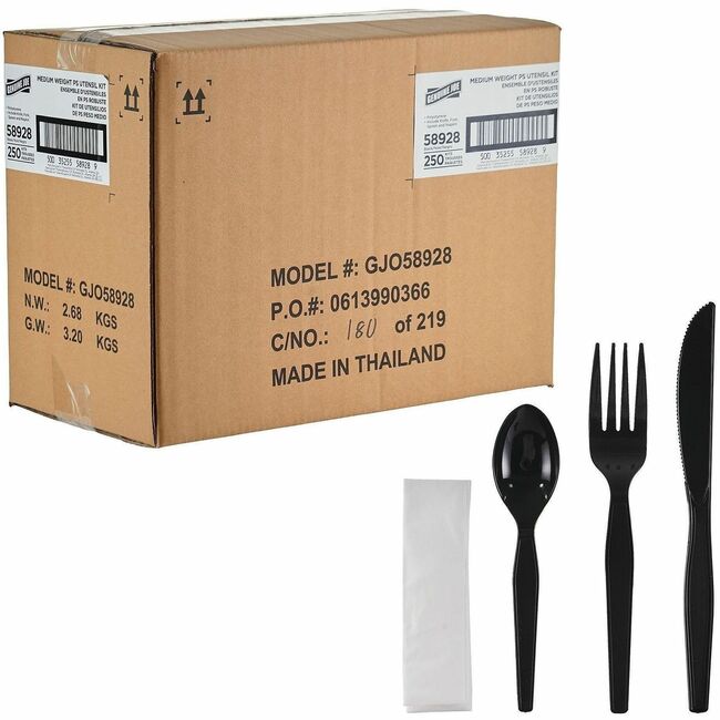 GJO58928 Medium-Weight Spoon, Fork & Knife with Napkin Polystyrene Cutlery Set - Black
