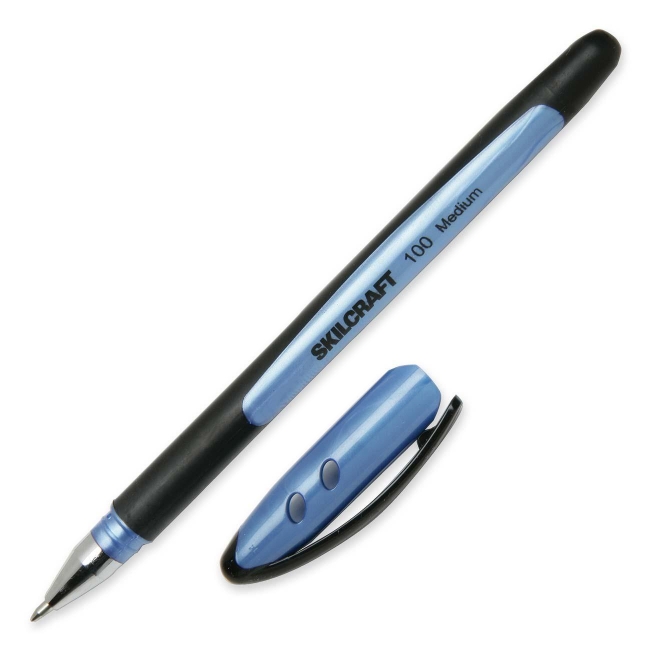 Picture of Skilcraft NSN4220313 0.7 mm Medium Point Ballpoint Stick Pen, Rubber Grip - Blue
