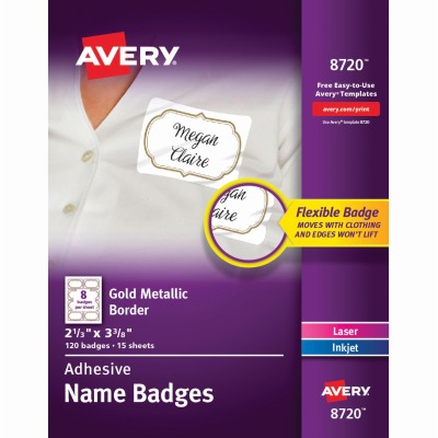 Picture of Avery AVE8720 2.33 x 3.38 in. Metallic Border Adhesive Name Badges&#44; White & Gold