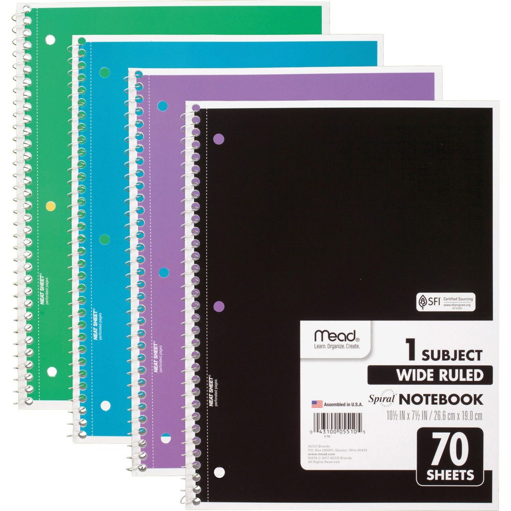 ACCO Brands MEA 8 x 10 in.  1 Subject Wide Ruled Spiral Notebook - 70 Sheets - 140 Pages - Pack of 4 - Mead 72873