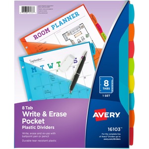 Write & Erase Durable Plastic Dividers With Pockets, 8-1/2" x 11", Multicolor Brights, Pack Of 8 Dividers