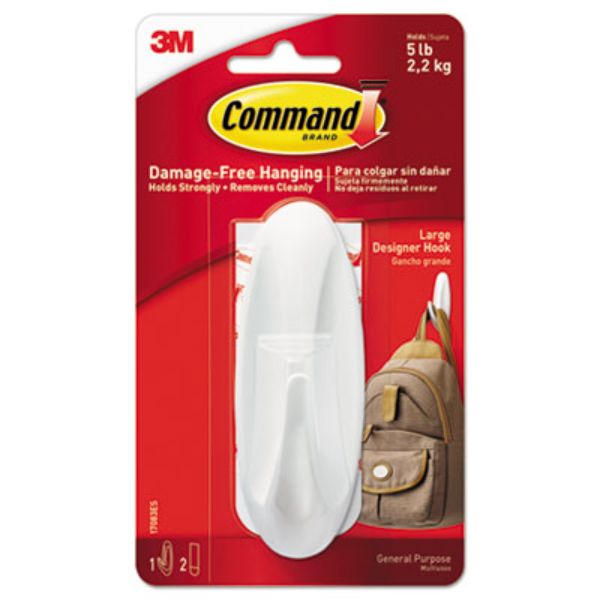 MMM17083ES 5 lbs Cap General Purpose Hooks, White - Large 1 Hook & 2 Strips Per Pack