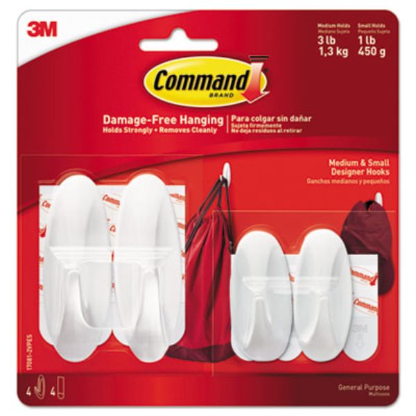 3 lbs Cap General Purpose Designer Hooks, White - Small & Medium - 4 Hooks & 4 Strips Per Pack