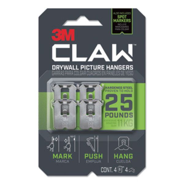 Picture of 3M MMM3PH25M4ES Claw Drywall Picture Hanger&#44; Holds 25 lbs&#44; 4 Hooks & 4 Spot Markers&#44; Stainless Steel