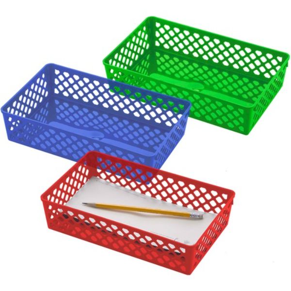 Picture of OIC OIC26208 2.4 x 10.6 x 6.1 in. Compact Stackable Storage Space Supply Baskets&#44; Red&#44; Green & Blue - Plastic - Pack of 3