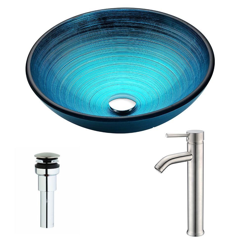Picture of Anzzi LSAZ045-041 Enti Series Deco-Glass Vessel Sink in Lustrous Blue with Fann Faucet in Chrome