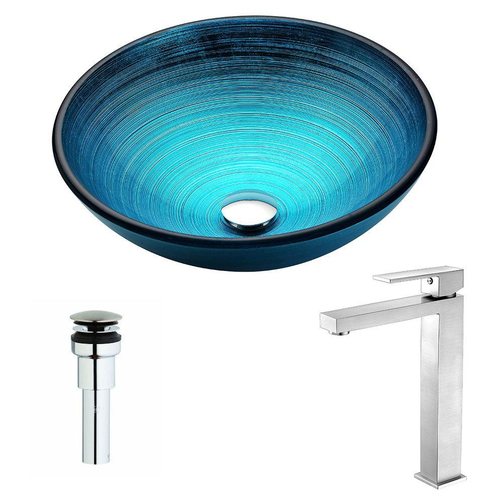 Picture of Anzzi LSAZ045-097B Enti Series Deco-Glass Vessel Sink in Lustrous Blue with Key Faucet in Brushed Nickel