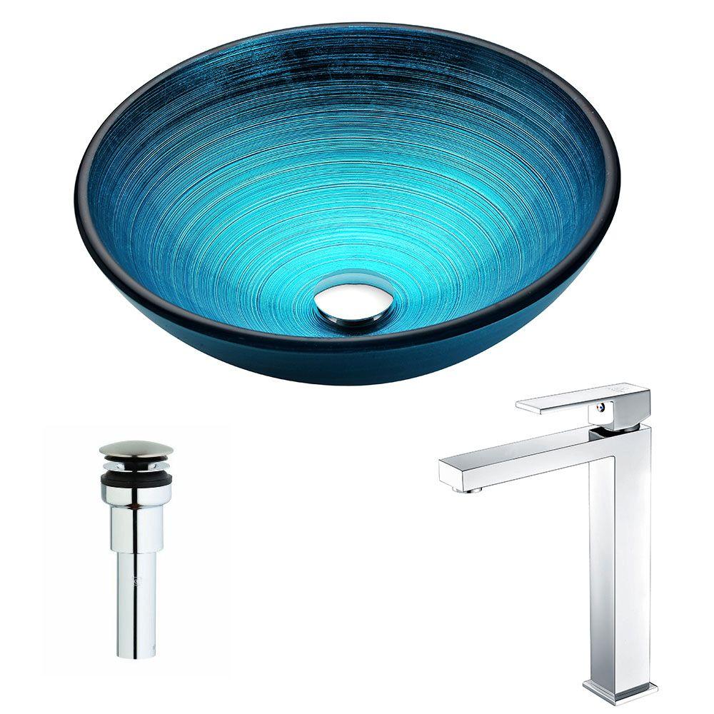Picture of Anzzi LSAZ045-097 Enti Series Deco-Glass Vessel Sink in Lustrous Blue with Key Faucet in Polished Chrome