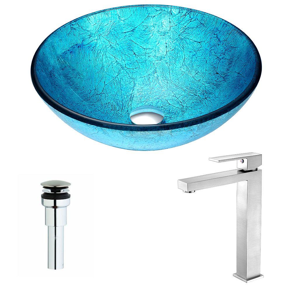 Picture of Anzzi LSAZ047-097B Accent Series Deco-Glass Vessel Sink in Emerald Ice with Key Faucet in Brushed Nickel
