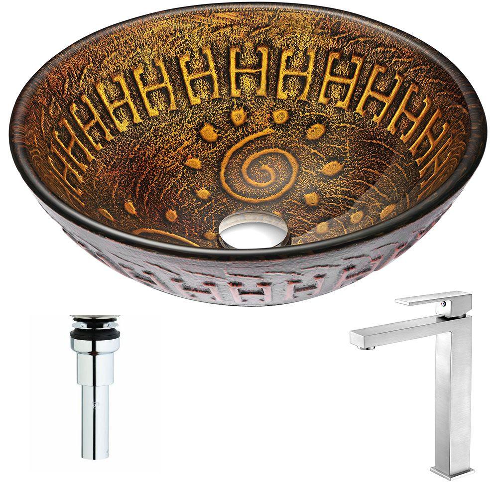 Picture of Anzzi LSAZ050-097B Opus Series Deco-Glass Vessel Sink in Lustrous Brown with Key Faucet in Brushed Nickel