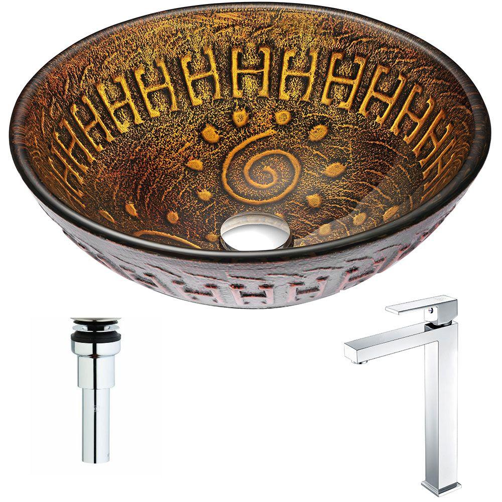 Picture of Anzzi LSAZ050-097 Opus Series Deco-Glass Vessel Sink in Lustrous Brown with Key Faucet in Polished Chrome