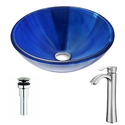 Picture of Anzzi LSAZ051-022 Meno Series Deco-Glass Vessel Sink in Lustrous Blue with Crown Faucet in Chrome