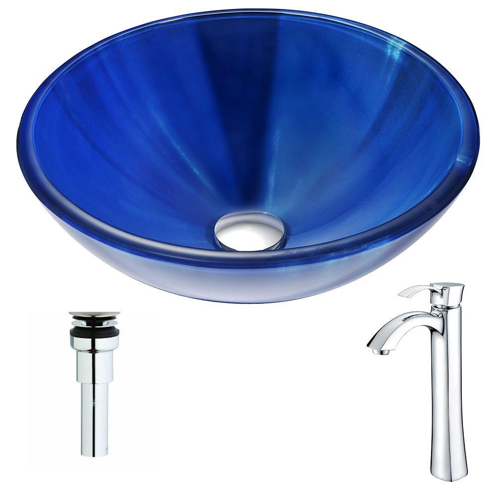 Picture of Anzzi LSAZ051-096B Meno Series Deco-Glass Vessel Sink in Lustrous Blue with Enti Faucet in Brushed Nickel