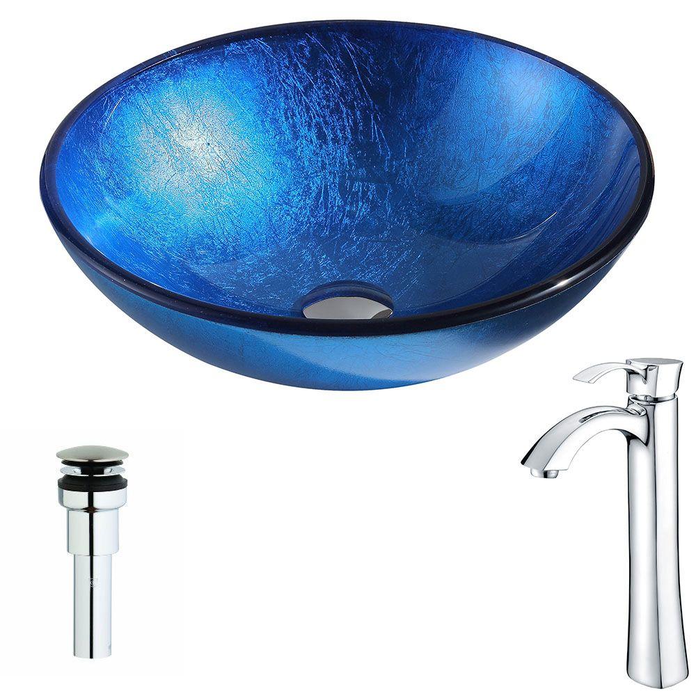 Picture of Anzzi LSAZ027-095B Clavier Series Deco-Glass Vessel Sink in Lustrous Blue with Harmony Faucet in Brushed Nickel