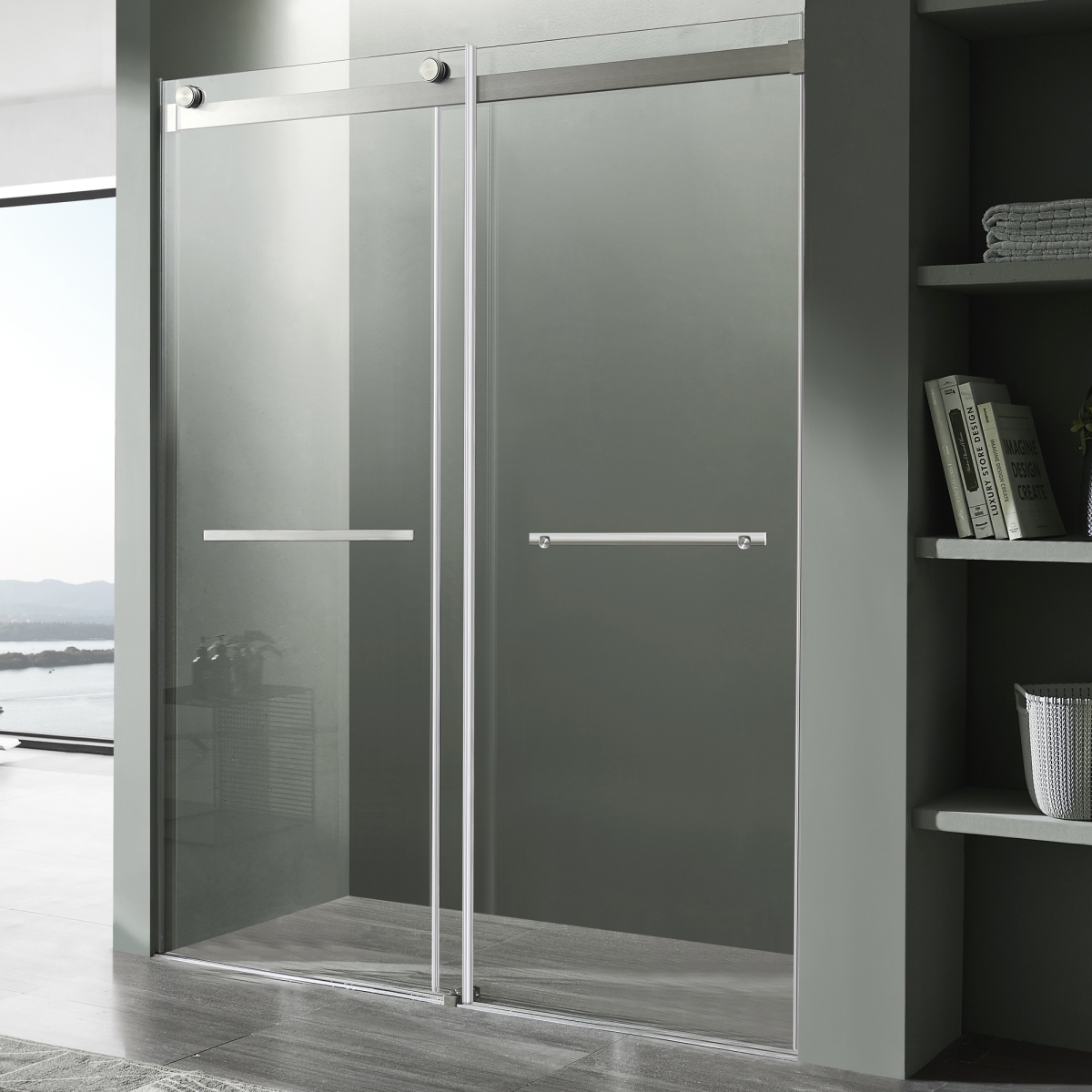Picture of Anzzi SD-FRLS05802BN 60 x 76 in. Kahn Series Frameless Sliding Shower Door with Horizontal Handle&#44; Brushed Nickel