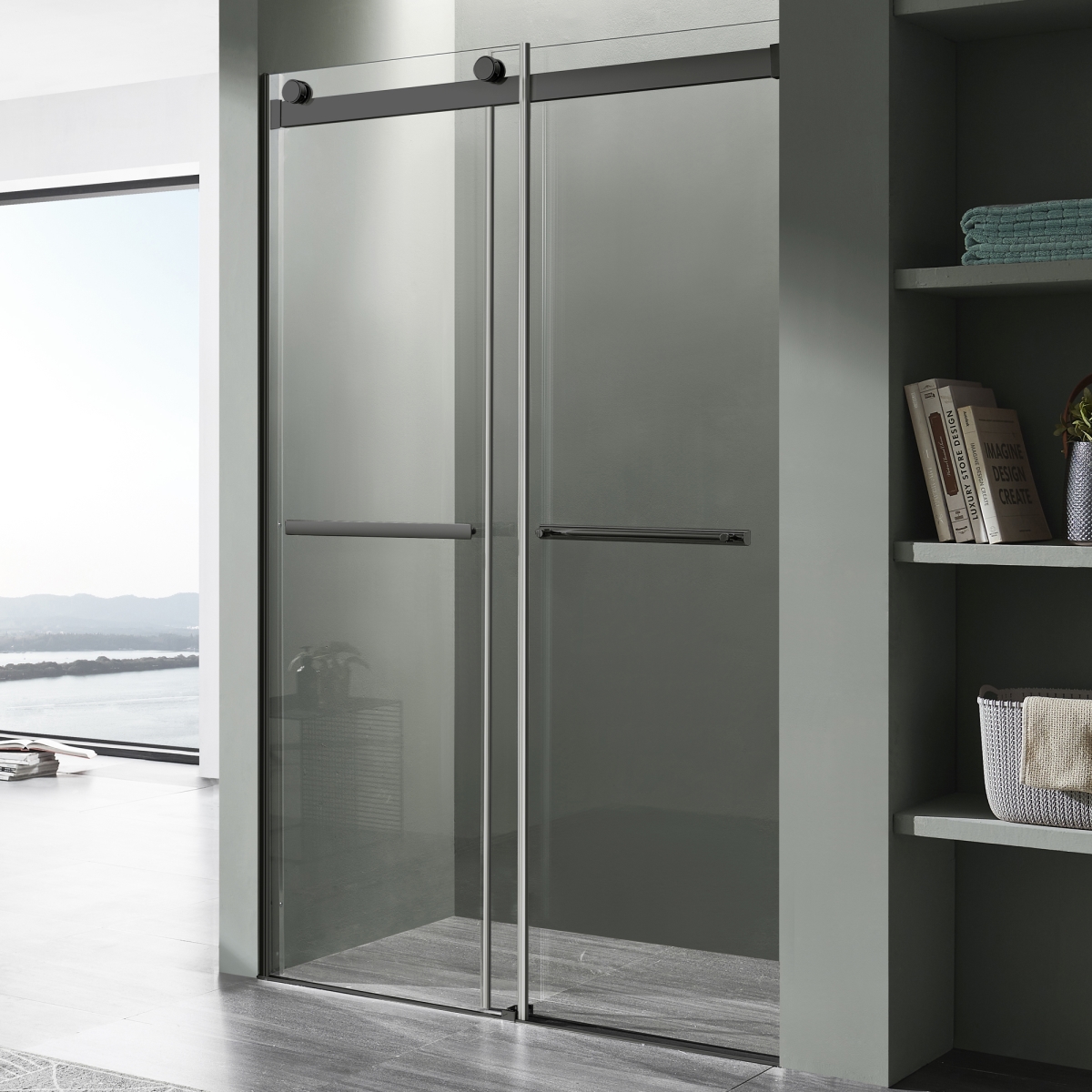 Picture of Anzzi SD-FRLS05801MB 48 x 76 in. Kahn Series Frameless Sliding Shower Door with Horizontal Handle&#44; Matte Black