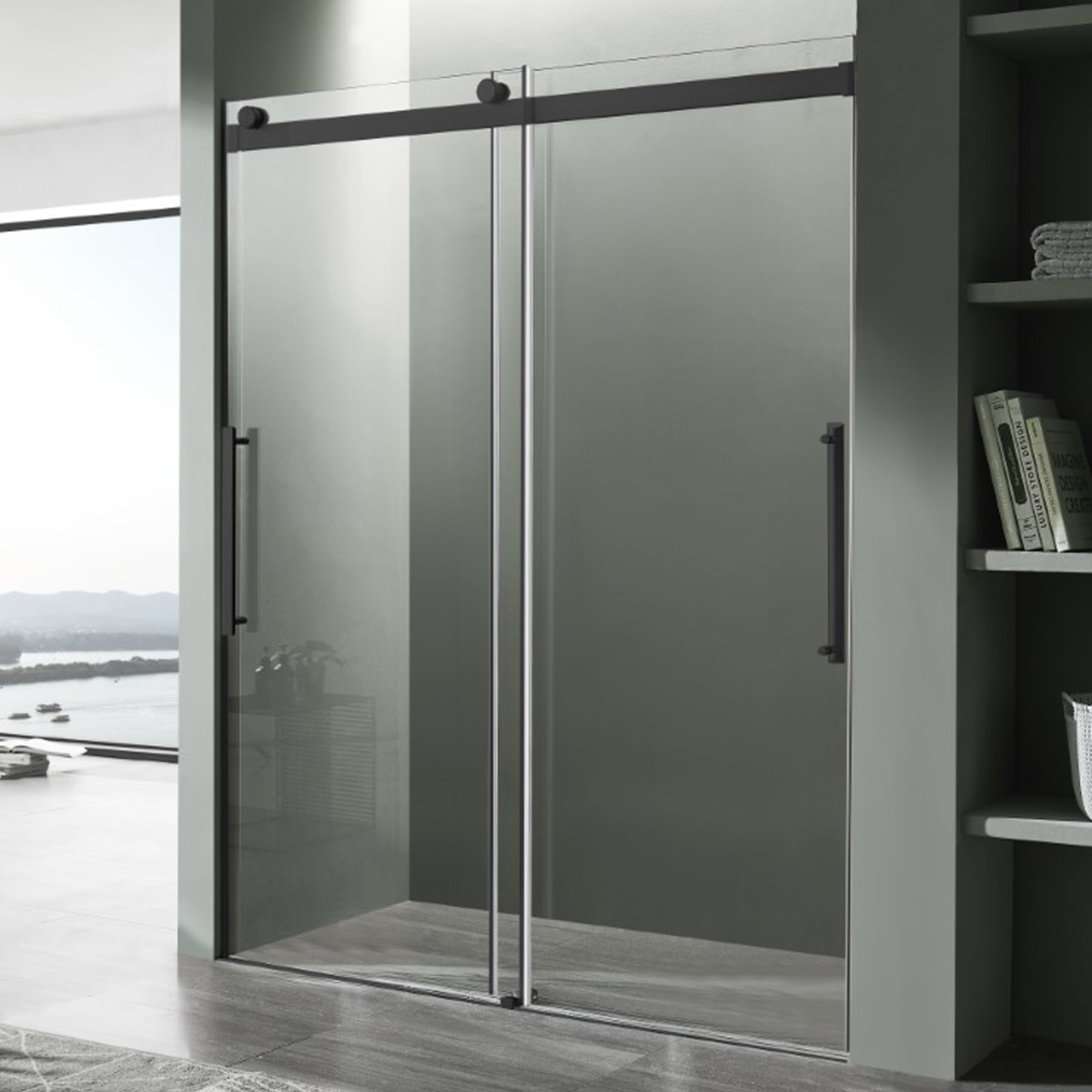 Picture of Anzzi SD-FRLS05901MB 48 x 76 in. Stellar Series Frameless Sliding Shower Door with Handle, Matte Black