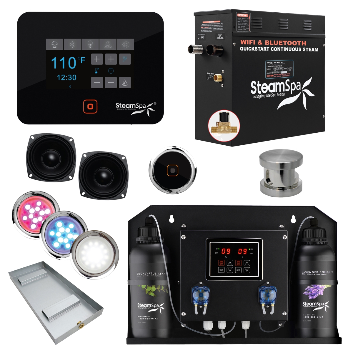 BKT450BN-ADP 4.5kW Black Series Wi-Fi & Bluetooth QuickStart Steam Bath Generator Pack with Dual Aroma Pump, Brushed Nickel