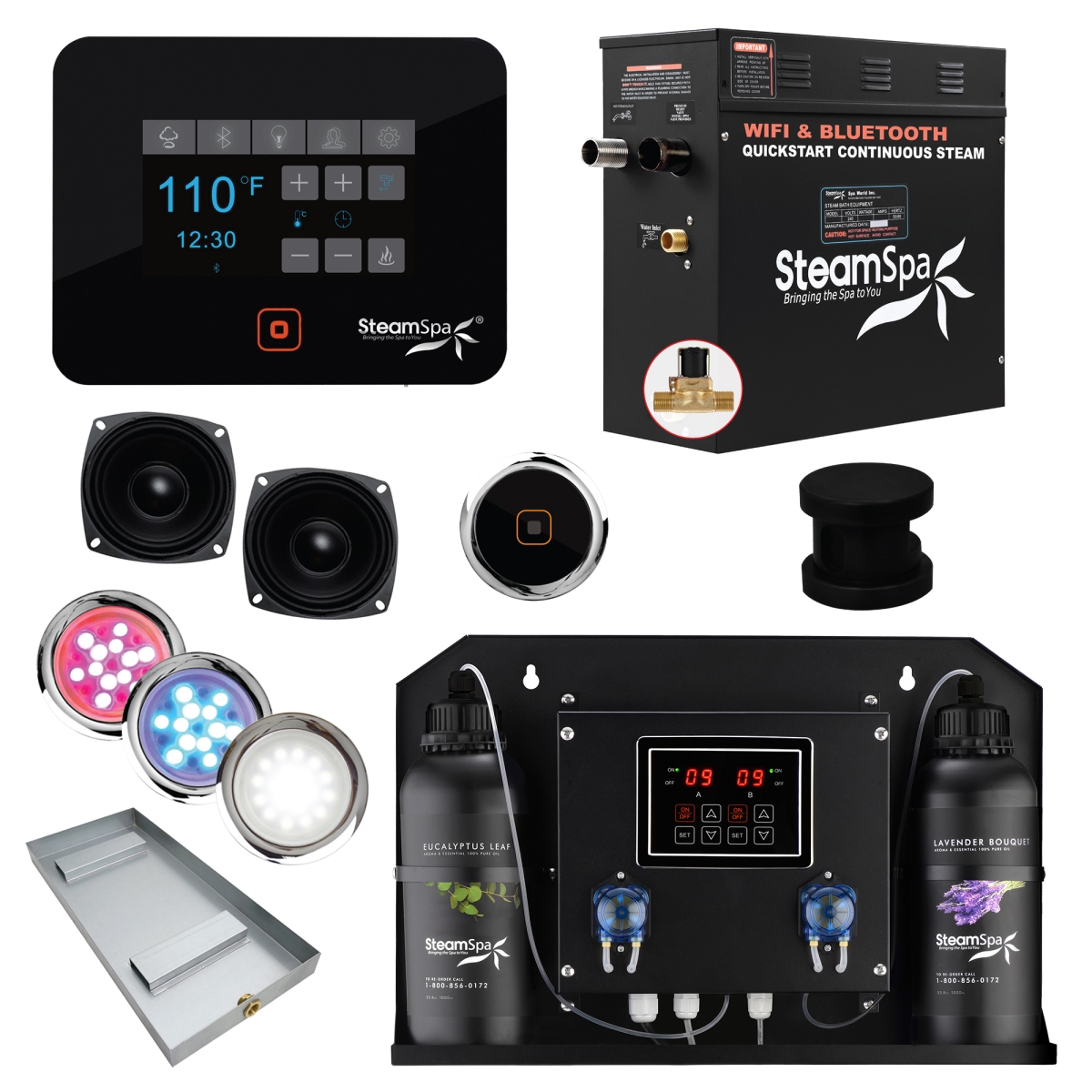 BKT750MK-ADP 7.5kW Black Series Wi-Fi & Bluetooth QuickStart Steam Bath Generator Pack with Dual Aroma Pump, Matte Black