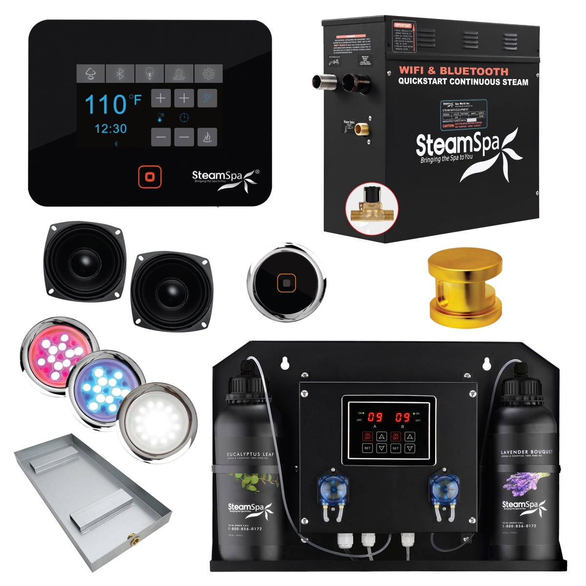 BKT750GD-ADP 7.5kW Black Series Wi-Fi & Bluetooth QuickStart Steam Bath Generator Pack with Dual Aroma Pump, Gold