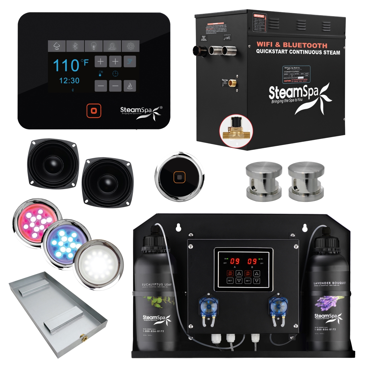 BKT1050BN-ADP 10.5kW Black Series Wi-Fi & Bluetooth QuickStart Steam Bath Generator Pack with Dual Aroma Pump, Brushed Nickel