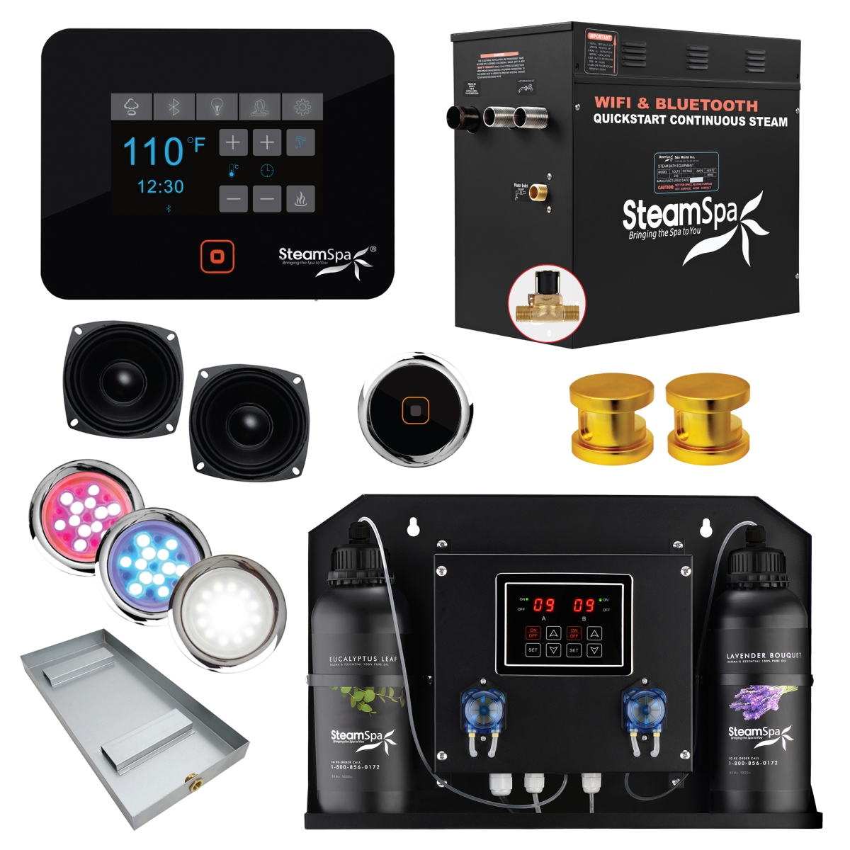 BKT1200GD-ADP 12kW Black Series Wi-Fi & Bluetooth QuickStart Steam Bath Generator Pack with Dual Aroma Pump, Gold -  SteamSpa