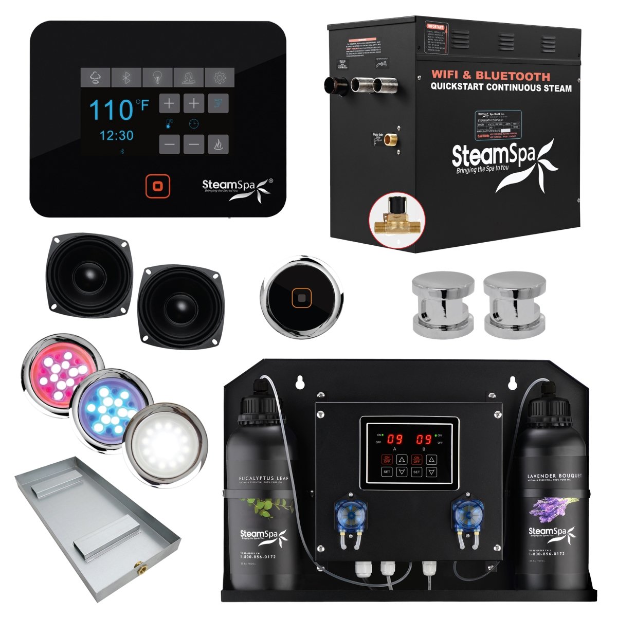 BKT1200CH-ADP 12kW Black Series Wi-Fi & Bluetooth QuickStart Steam Bath Generator Pack with Dual Aroma Pump, Polished Chrome -  SteamSpa