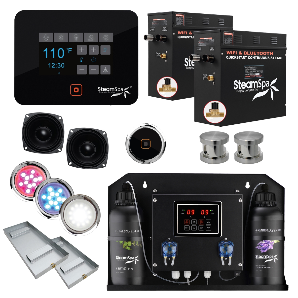 BKT1500BN-ADP 2 x 7.5kW Black Series Wi-Fi & Bluetooth QuickStart Steam Bath Generator Pack with Dual Aroma Pump, Brushed Nickel