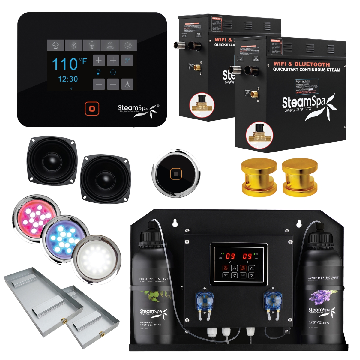 BKT1800GD-ADP 2 x 9kW Black Series Wi-Fi & Bluetooth QuickStart Steam Bath Generator Pack with Dual Aroma Pump, Gold