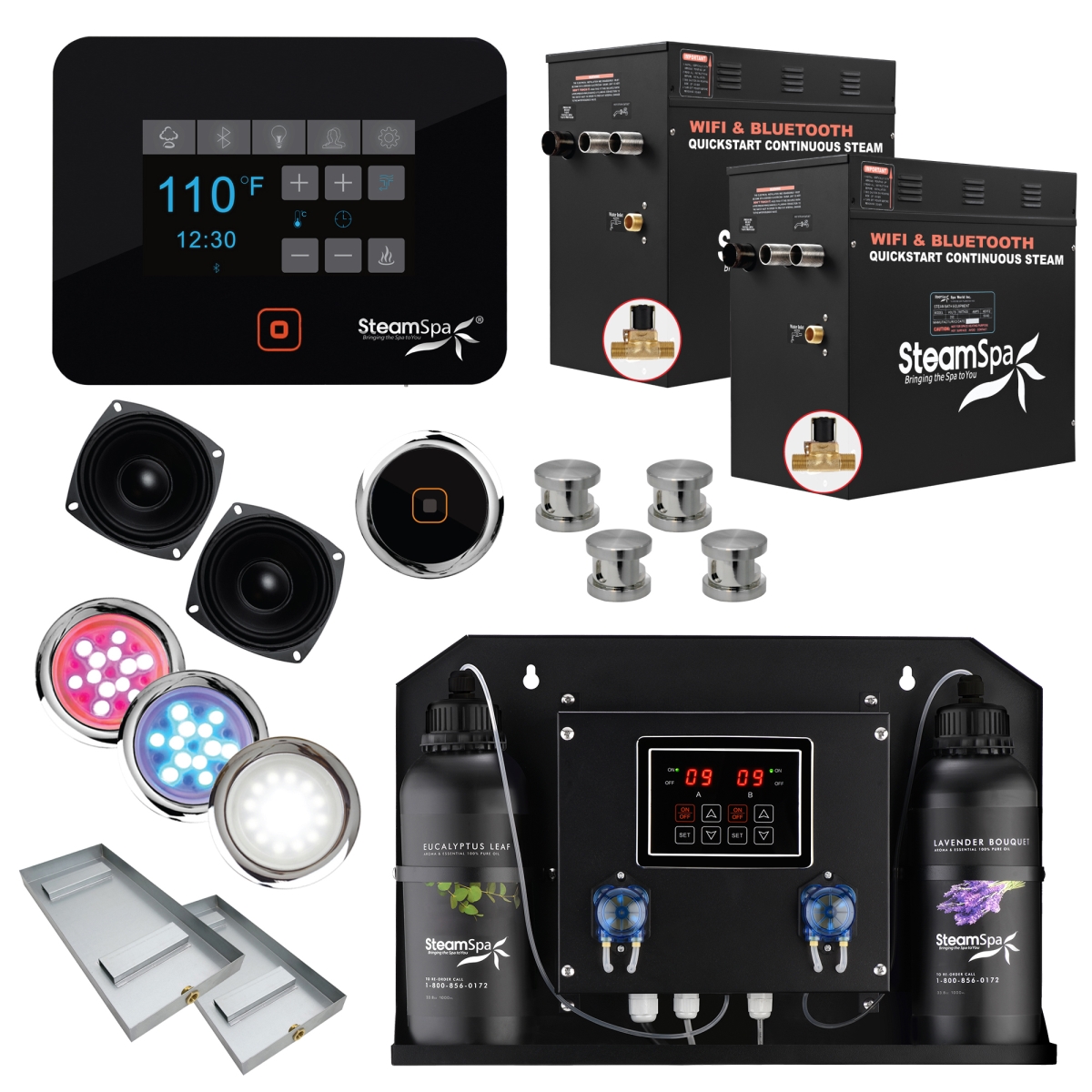 BKT2100BN-ADP 2 x 10.5kW Black Series Wi-Fi & Bluetooth QuickStart Steam Bath Generator Pack with Dual Aroma Pump, Brushed Nickel