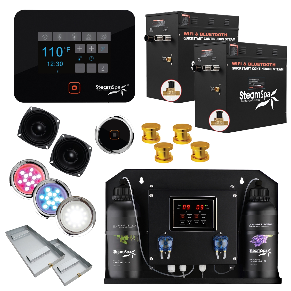 BKT2400GD-ADP 2 x 12kW Black Series Wi-Fi & Bluetooth QuickStart Steam Bath Generator Pack with Dual Aroma Pump, Gold