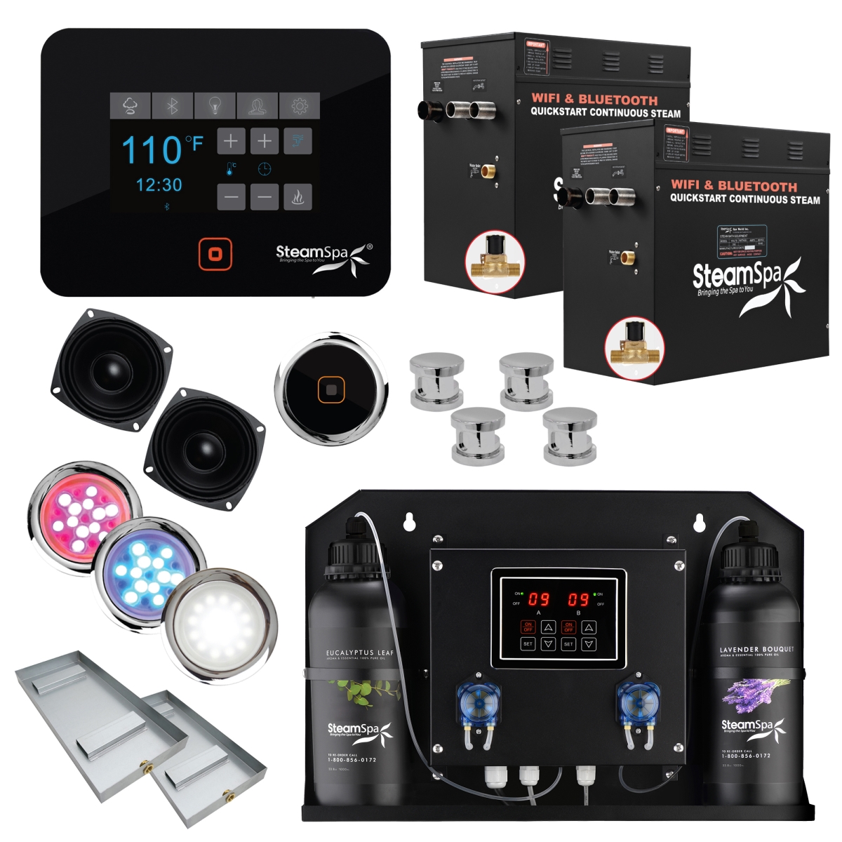 BKT2400CH-ADP 2 x 12kW Black Series Wi-Fi & Bluetooth QuickStart Steam Bath Generator Pack with Dual Aroma Pump, Polished Chrome