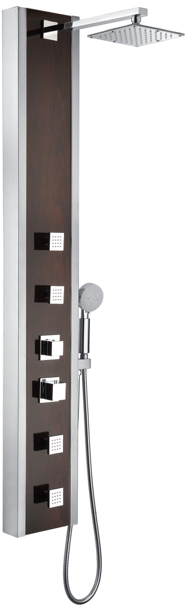 SP-AZ012 57 in. Monsoon 4-Jetted Full Body Shower Panel with Heavy Rain Shower & Spray Wand in Mahogany Style Deco-Glass