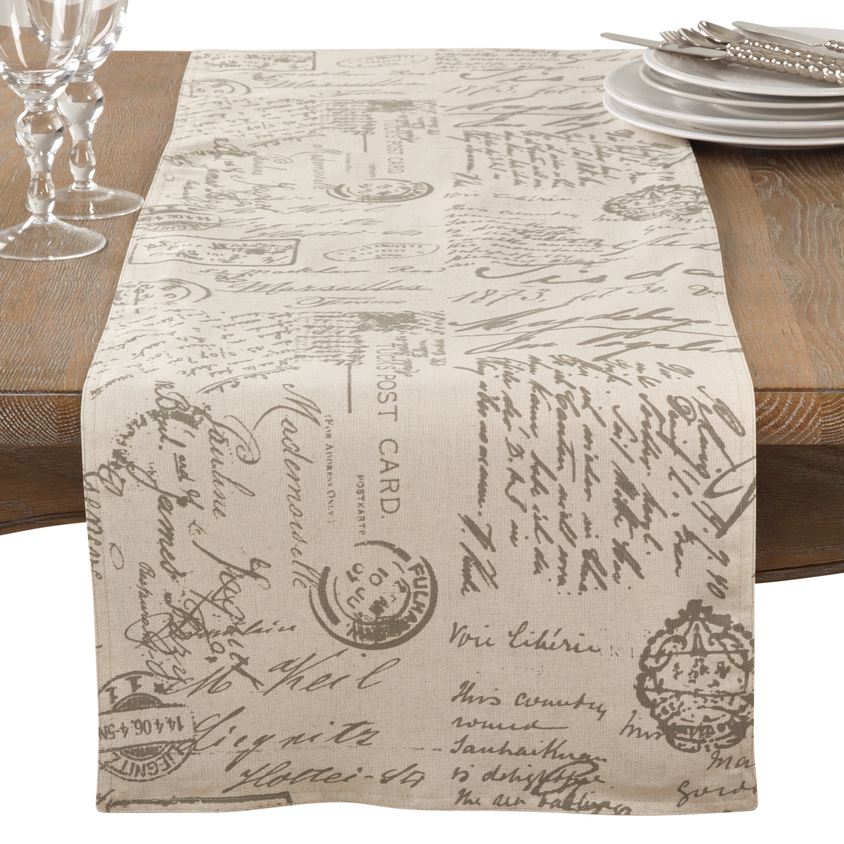 Picture of SARO 0044.N1672B Old Fashioned Vintage Script Print Design Everyday Table Runner - Natural