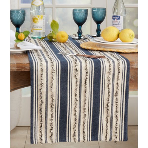 Picture of Saro Lifestyle 473.NB1672B 16 x 72 in. Fringe Stripe Table Runner, Navy Blue
